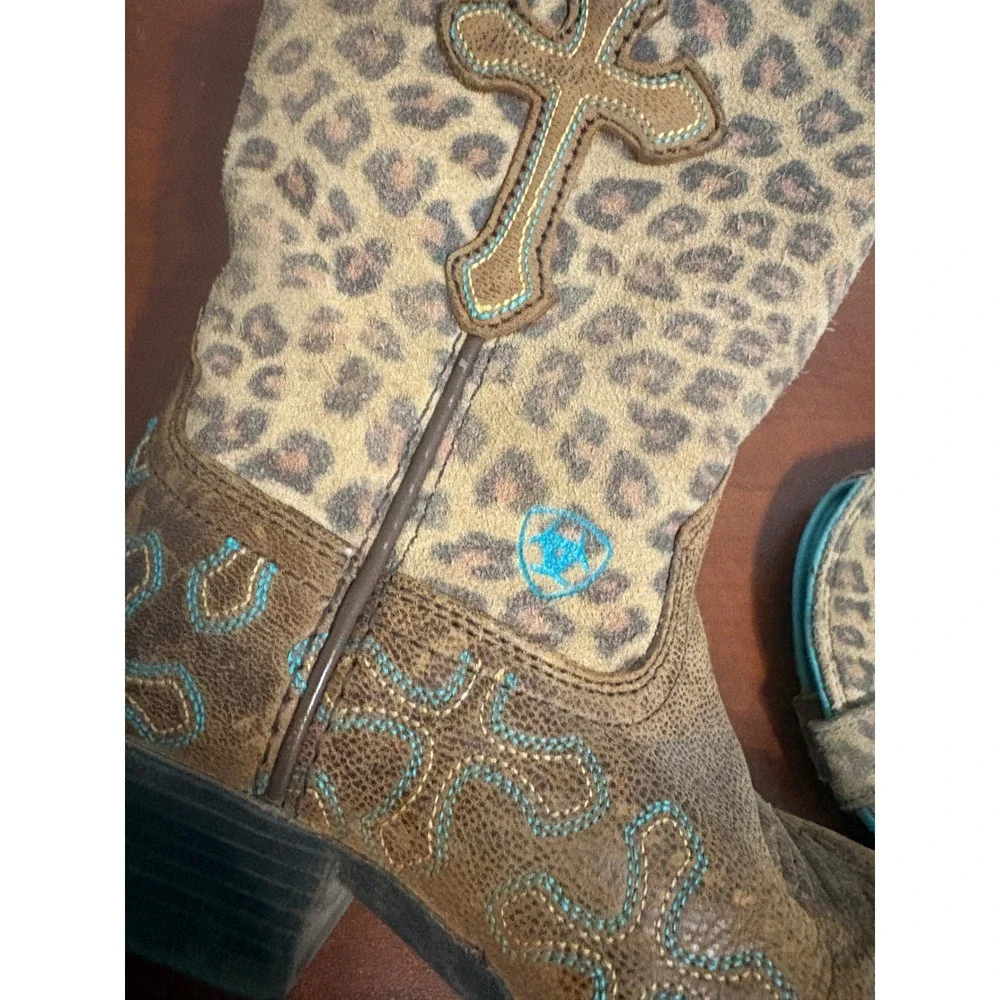 Ariat Kids Leopard Print Cross Western Cowboy Boots Brown Turquoise 10017311 10